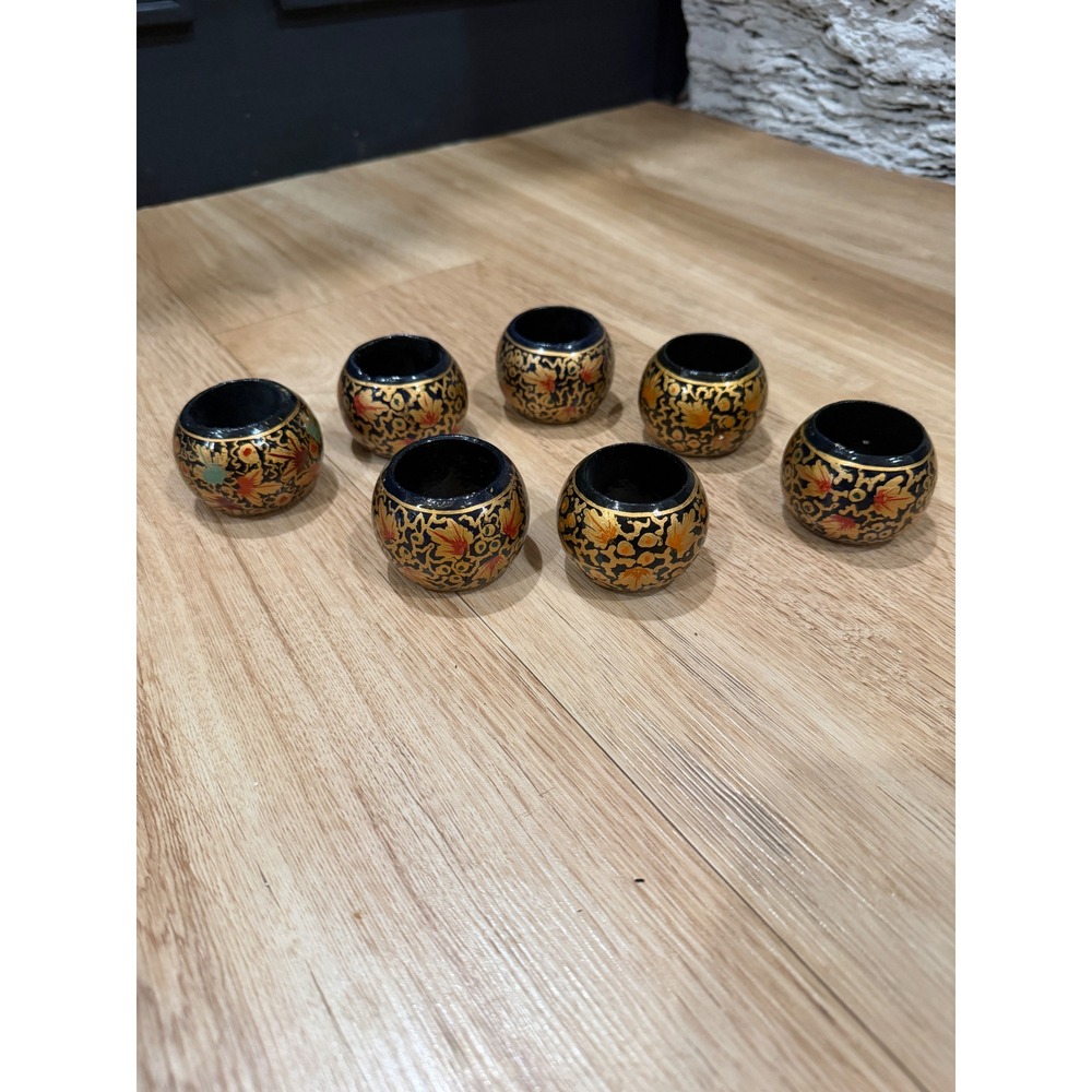 Vintage Hand Painted Lacquer Napkin Rings Set of 7 Black Gold Floral Kashmiri
